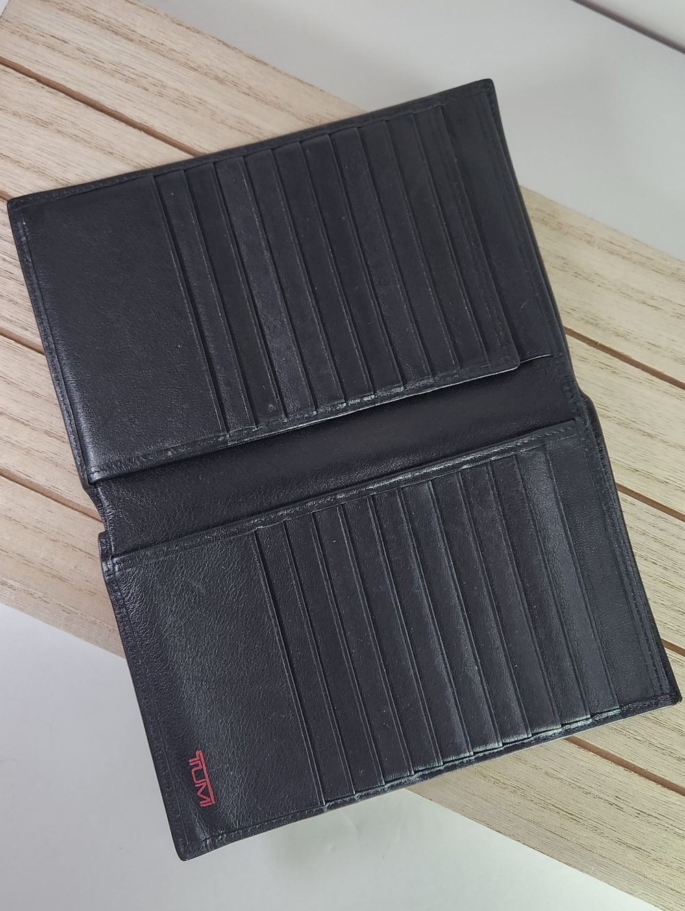 Tumi Black Leather Long Card Holder with Red Logo
